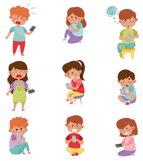 little kids with smartphones and frustrating expression on their faces vector illustrations set
