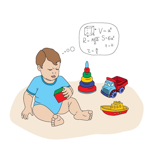 Little prodigy solves a geometric problem in his mind A child examines a cube cartoon style with a contour