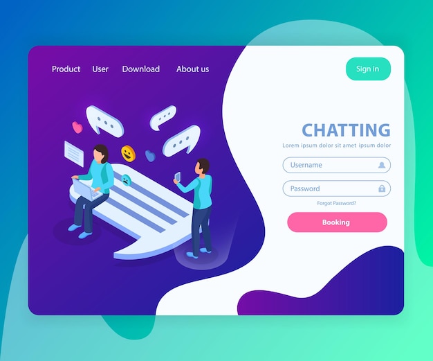 Live chat -verkkosivuston aloitussivu isometrinen kuvitus käyttäjien viesteillä kuplilla symboleilla