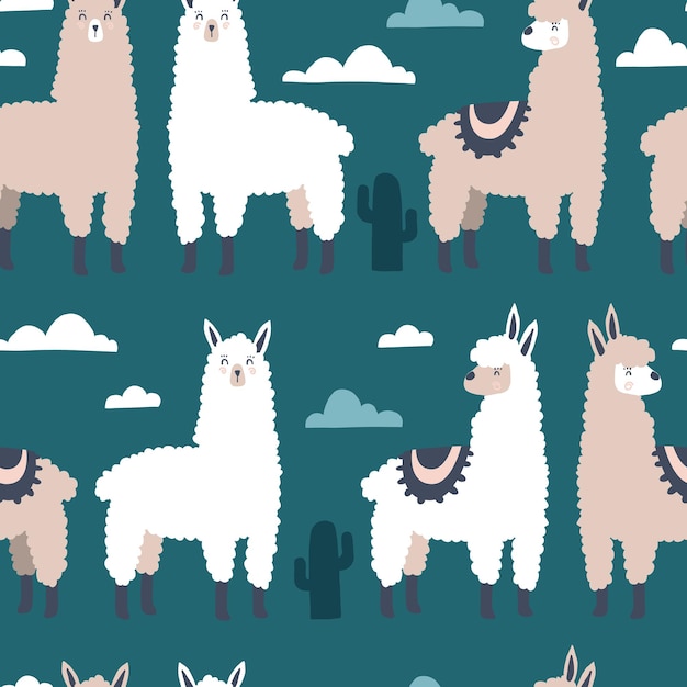 Llama pattern lama seamless handdrawn print vector cartoon textile template