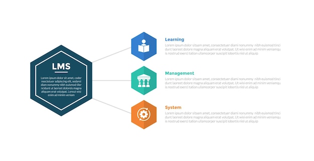 LMS learning management system infographics template diagram with hexagon linked line stack information with 3 point step design for slide presentation