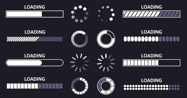 Load indicator Loading status bar round buffer download progress and line upload or file transfer waiting bars vector symbols set