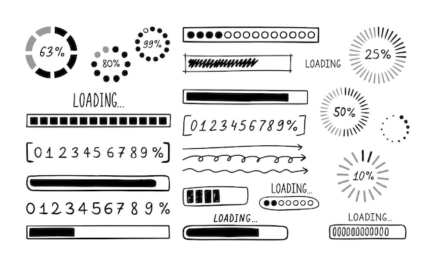 Loading bar doodle set Hand drawn element line loading sketch style Slow isolated download speed progress status and internet load bar concept