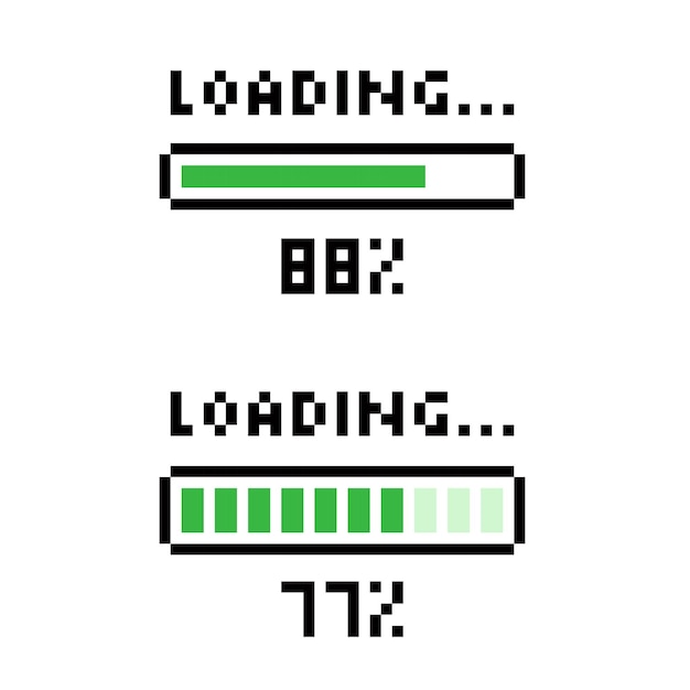 Loading icon in pixel art style load bar 88 percent 77 percent downloading loading or installing