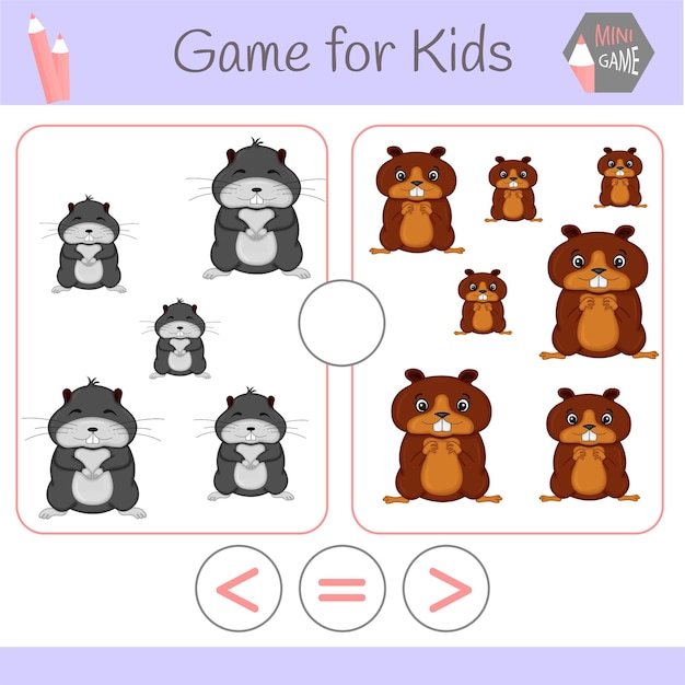 Logic educational game for preschool children.Cartoon funny robots. Choose the correct answer. Greater than, less than or equal to.