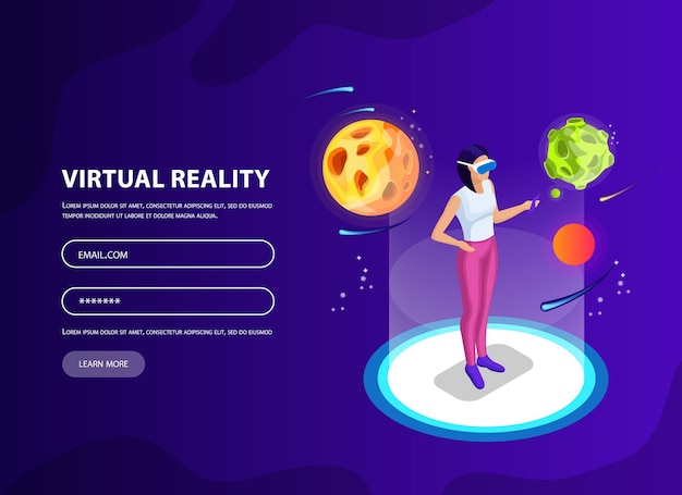 Login form for web site isometric man woman in virtual reality glasses and space with planets