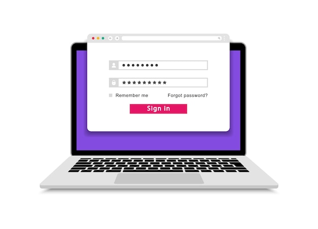 Login form on laptop screen Laptop with login and password page