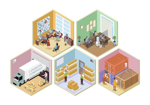 Logistic company 3d isometric rooms concept in isometry graphic design for web People working in delivery office managing shipping process freight transportations and storage Vector illustration