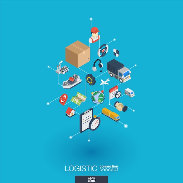 Logistic integrated  web icons. Digital network isometric interact concept. Connected graphic  dot and line system. Abstract background for shipping delivery and distribution.  Infograph