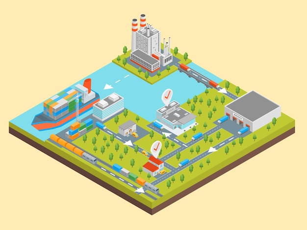 logistic transportation global service concept 3d isometric view include of warehouse truck ship and container vector illustration