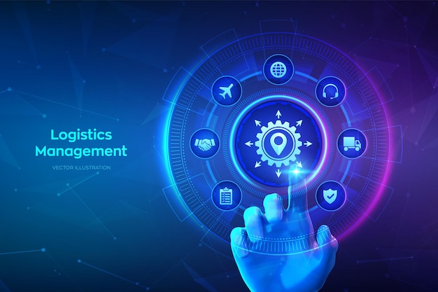 logistics management concept smart logistics and transportation logistic global network distribution business of transport industrial hand touching digital interface vector illustration