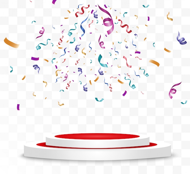 Lots of colorful tiny confetti and ribbons on transparent background. Colorful bright confetti isolated on the podium.
