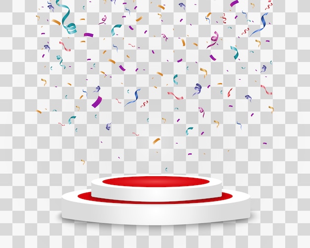 Lots of colorful tiny confetti and ribbons on transparent background. Colorful bright confetti isolated on the podium.