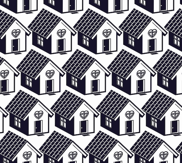 Love and harmony at home conceptual vector background, abstract houses. Real estate theme symmetric seamless pattern.