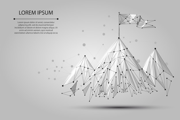 Low poly wireframe Flag on the top of mountain. Success in business, top or goal symbol
