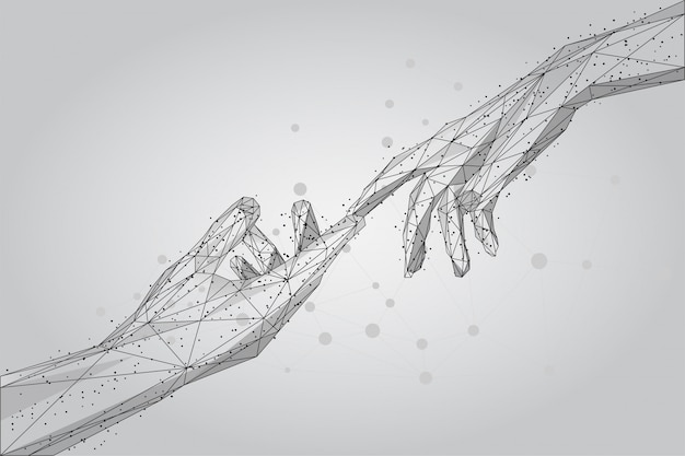 Low poly wireframe human hands touching with fingers from lines, triangles and particles