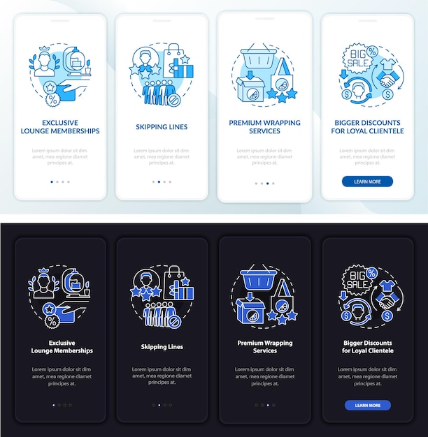 Loyalty program perks dark, light onboarding mobile app page screen. Walkthrough 4 steps graphic instructions with concepts. UI, UX, GUI vector template with linear night and day mode illustrations