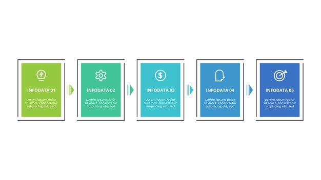 Luova konsepti infografiikkaan, jossa on 5 vaihetta, osaa tai prosessia. Liiketoiminnan datan visualisointi