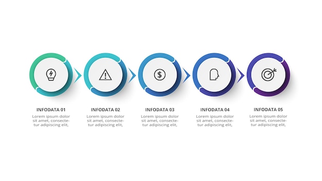 Luova konsepti infografiikkaan, jossa on 5 vaihetta, osaa tai prosessia. Liiketoiminnan datan visualisointi