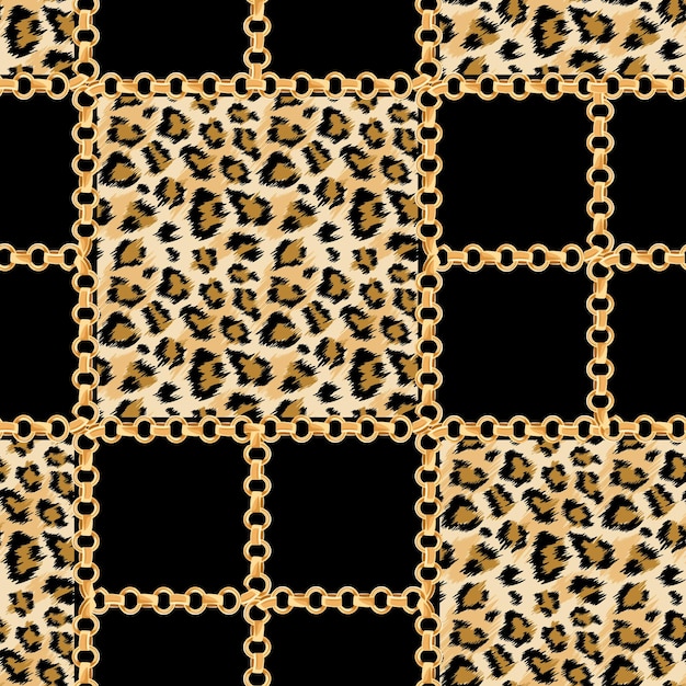 luxury fashion fabric seamless pattern with golden chains and leopard skin background. wildlife animal fur and gold jewellry wallpaper for textile design. vector illustration