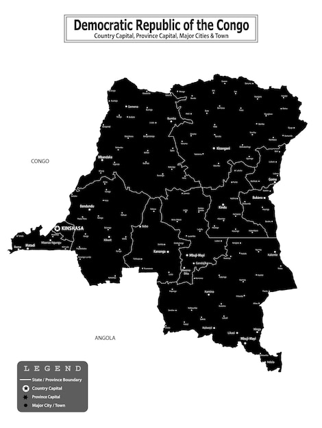 Maan poliittinen kartta, jossa on pääkaupunki, provinssin tai osavaltion pääkaupunki, suurimmat kaupungit ja paikkakunnat