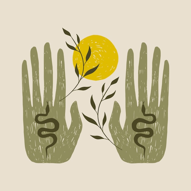 Magic alchemy green hand herbalist green witch vector illustration