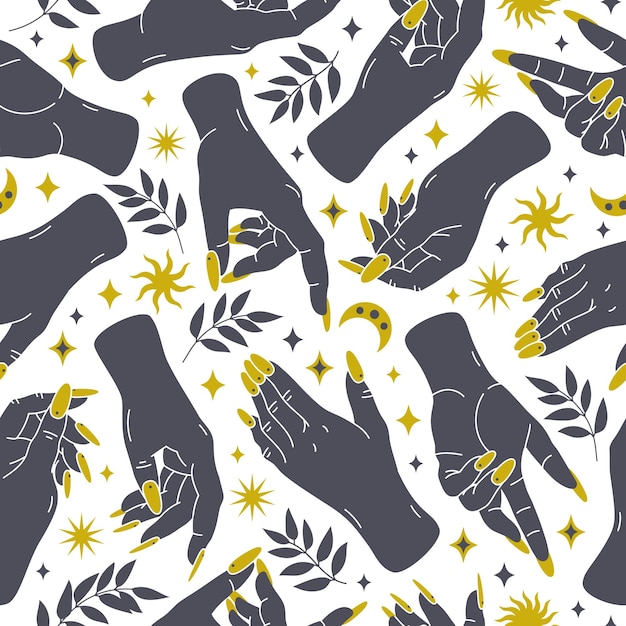 Magic boho hands seamless pattern Female hand with long nails mystical palms with doodle moon and stars trendy tattoo style esoteric flat vector background illustration
