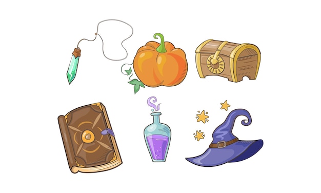 Magical signs set Halloween symbols potion bottle magic crystal pumpkin wizard hat magic book vector Illustration isolated on a white background