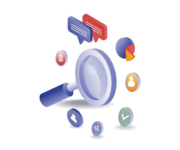 Magnifying glass with symbols about business