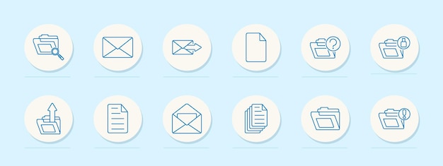 Mail set icon Folder envelope query inbox outbox document sent received attachment message communication Email concept Vector line icon on white background