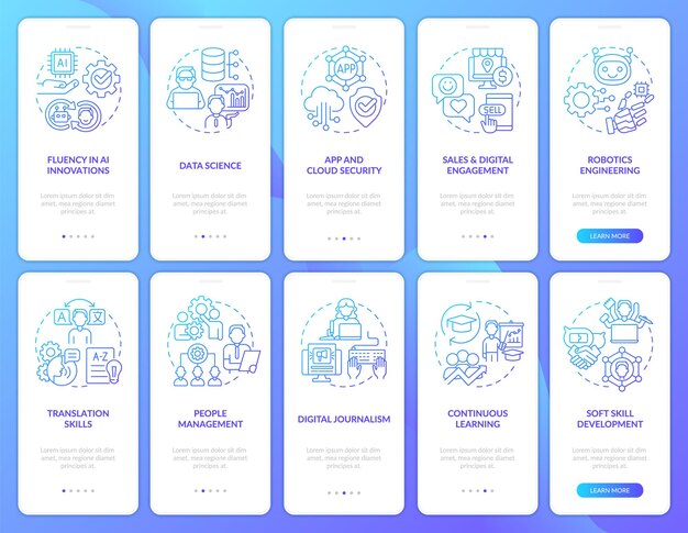 Maintaining prof skills blue gradient onboarding mobile app screen set