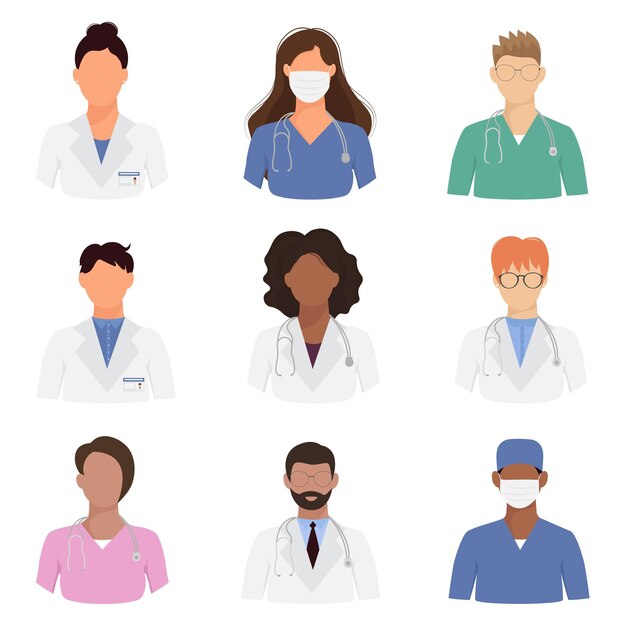 Male and female doctors avatars with different type of uniforms in faceless style set