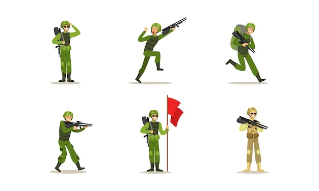 male army soldiers set men in camouflage military clothing and helmet in different actions cartoon vector illustration