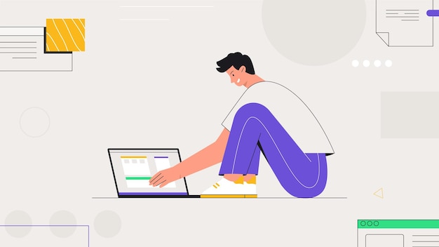Male character freelancer sitting and works with a laptop