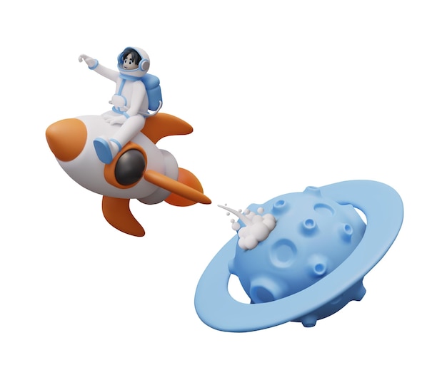 male character in space suit is flying in space astronaut takes off on rocket from blue planet