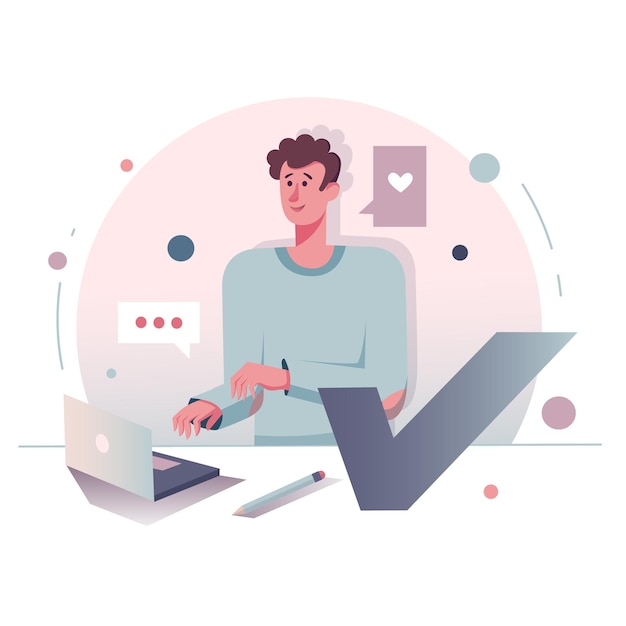 Male designer working on laptop sending message. Vector illustration