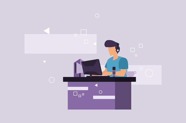 male gamer is livestreaming flat design