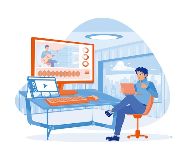Male video editor working in creative office loft Working with recordings on a computer screen
