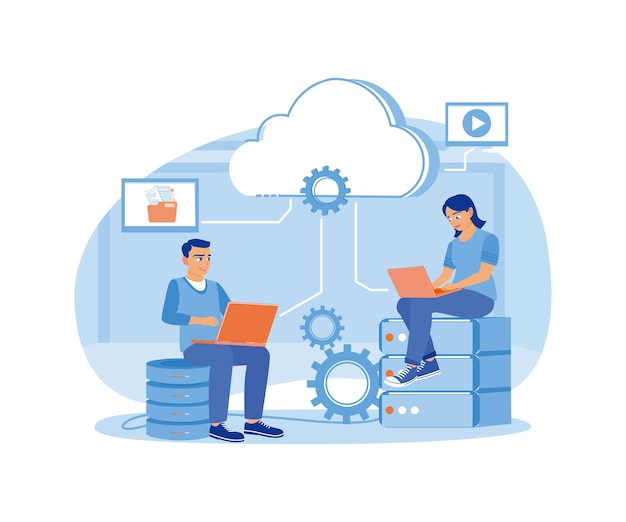 Man and woman processing data on the laptop Storing data in data center Could Computing concept Flat vector illustration