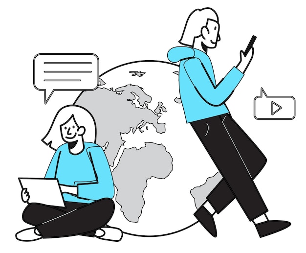 Man and woman sitting on a globe using cell phones Social network and teamwork concept people chat