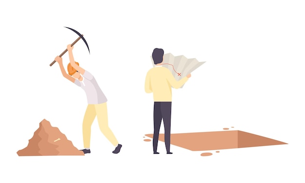 Man Archaeologist with Map and Pickaxe Searching for Material Remains Vector Set