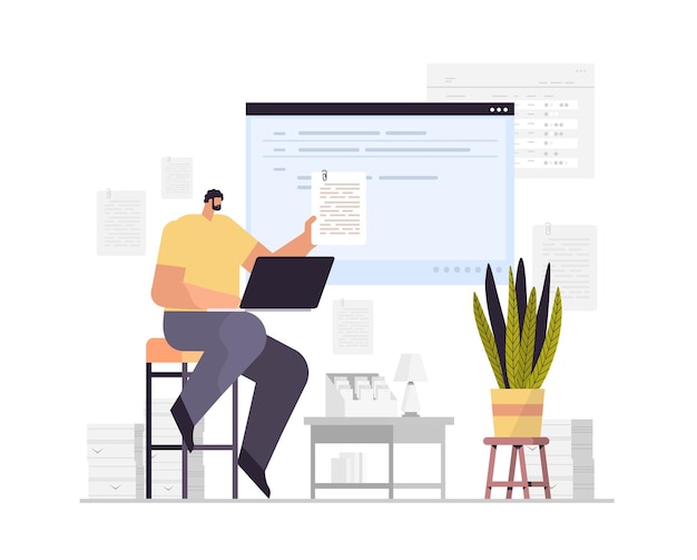 Man article editor writing publicity post male journalist using laptop copywriting selection and verification content