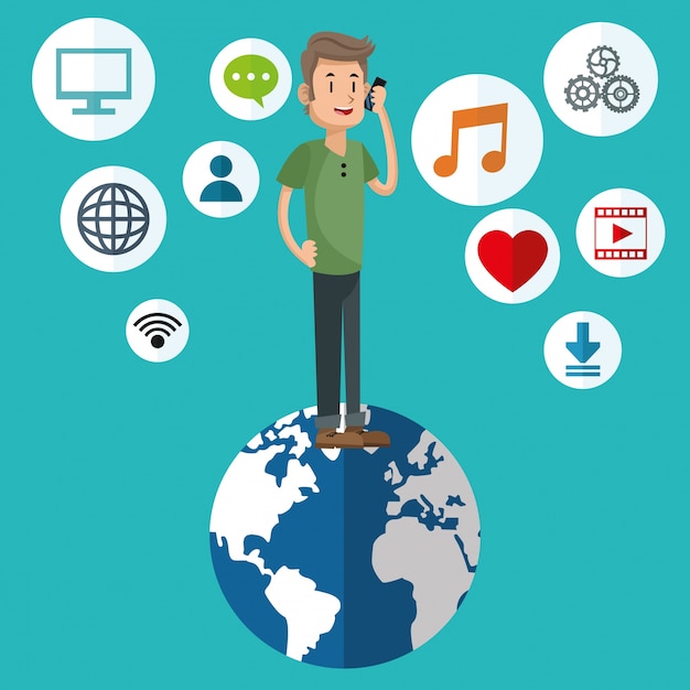 man cartoon talking with smartphone planet and icon set