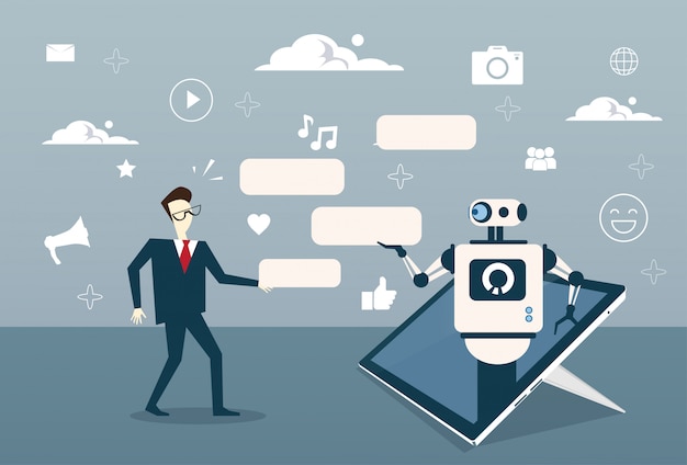 Man Chatting With Chat Bot From Digital Tablet Or Cell Smart Phone Digital Support Technology