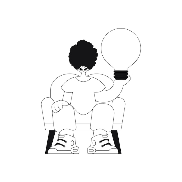 Man holds light bulb in hands, representing ideas in a linear vector illustration.