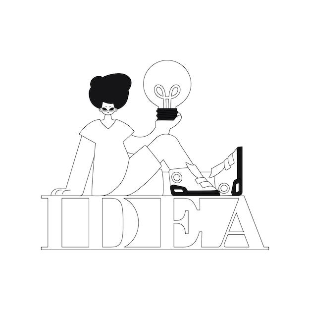 Man holds light bulb, symbolizing ideas. Linear vector illustration.