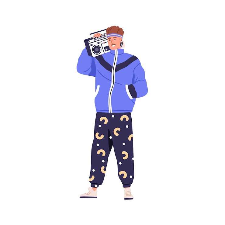 Vektori man in 80s fashion clothes, holding retro boombox on shoulder. happy person wearing 1980s apparel, listening to disco music of eighties 80's. flat vector illustration isolated on white background.