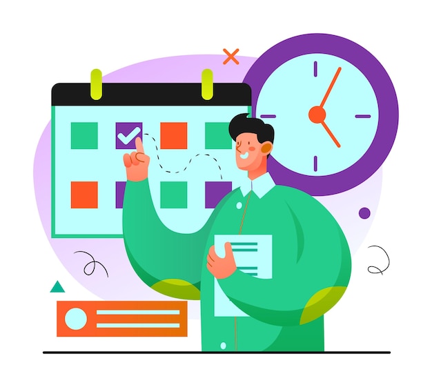 Man in Green Shirt Planning with Calendar and Clock