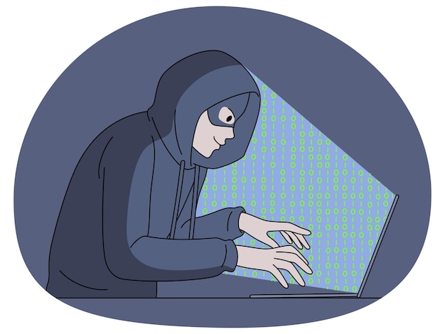 Man in mask hacking programs and websites on computer Anonymous hacker steal personal information from laptop Internet safety and security Vector illustration
