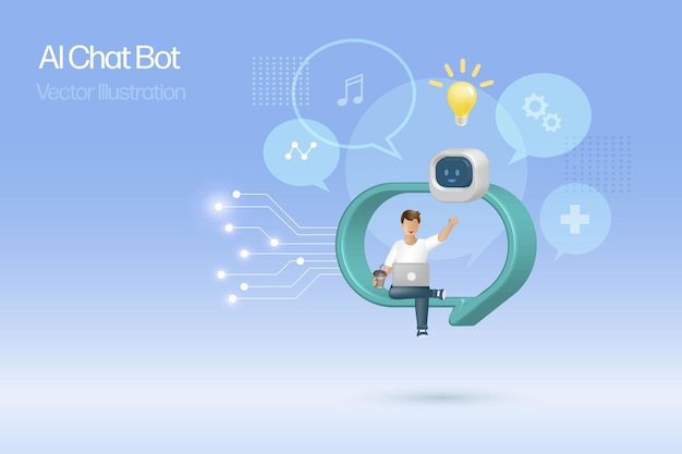 Man in question mark chatting with AI chat bot and giving smart solution Artificial Intelligence robot communicate with human natural language provide smart solutions 3D vector